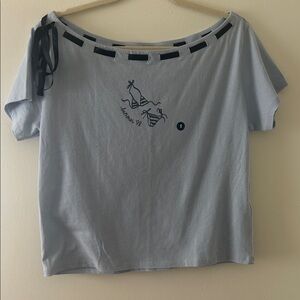 Hollister Light Blue Short Sleeve off the shoulder Top with Ribbon Accent